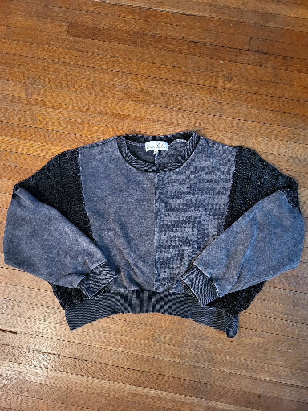 Love Lola Washed Black Cropped Crewneck Sweater with Lace Panels